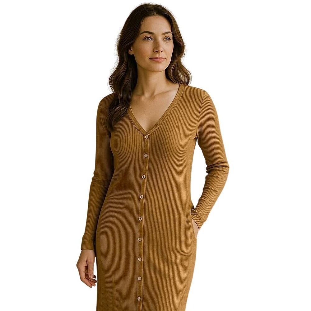 VETTA Organic Cotton Ribbed Button-Down Midi Dress Camel Brown Size‎ S NWOT